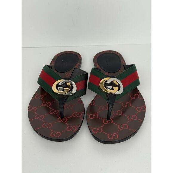 Gucci Kika GG Stripe Leather Flip Flop Thong Slip-On Sandals - Picture 2 of 8